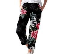 Générique Pantalon Décontracté Femme en Lin à Imprimé Fleurs avec Poches Style Élégant et Naturel pour Un Look Chic et Décontracté Pantalon de Ville Femme Artistique et Confortable