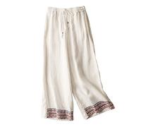 Générique Pantalon Décontracté Femme pour LÉté en Lin Uni Brodé Coupe Large et Courte pour Un Style Chic et Léger Pantalon dÉté Femme Détaillé et Élégant