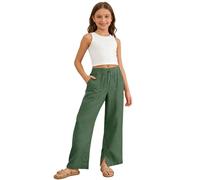 Générique Pantalon DéContracté pour Fille,Fente Au Bas des Jambes,Couleur Unie,avec Poches,Taille éLastiquéE avec Cordon de Serrage,Taille Haute,IdéAl pour Un Usage Quotidien(Green,130)