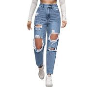 Générique Pantalon en Denim pour Femmes - Jean Femme Grande Taille Jeans en Denim en détresse à Jambe Droite et Taille Haute pour Femmes (Blue L)