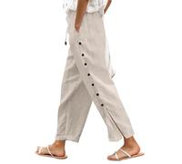 Générique Pantalon Été Femme Pantalones Fluide À Taille Élastique avec Boutons Latéraux Pantalon 7/8 Plage Coton Rayé avec Poches Et Cordon De Serrage Léger pour Les Vacances
