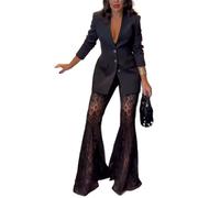 Générique Pantalon évasé Taille Haute en Dentelle Noire Transparente Pantalon évasé Taille Haute en résille Transparente pour Femme