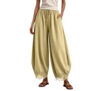 Générique Pantalon Femme Ample bohème, Taille élastique avec Cordon, Jambe Bouffante Dentelle volantée Ourlet festonné Pantacourt été décontracté Balade Estivale.