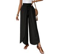 Générique Pantalon Femme Chic Et Elegant Été Lin Fluide Taille Élastique avec Cordon Jambe Large Ample Ourlet Irrégulier Léger Décontracté pour Travail Casual Noir, XXL
