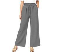 Générique Pantalon Femme Été Élastique Pantacourt Lin Léger Fluide Ample Taille Haute | Haute Jambes Larges - décontracté de villégiature (GY1 M) | Capri pour Yoga Maison Vacances Plage