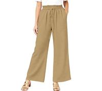 Générique Pantalon Femme Été Élastique Pantacourt Lin Léger Fluide Ample Taille Haute | Haute Jambes Larges - décontracté de villégiature (Khaki S) | Capri pour Yoga Maison Vacances Plage