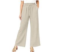 Générique Pantalon Femme Été Élastique Pantacourt Lin Léger Fluide Ample Taille Haute | Haute Jambes Larges - décontracté de villégiature (White S) | Capri pour Yoga Maison Vacances Plage