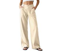 Générique Pantalon Femme Été Élastique Pantacourt Lin Léger Fluide Ample Taille Haute | Loose Fit Straight Leg Long Pants for Casual Daily Wear (Beige XL) | Capri pour Yoga Maison Vacances Plage