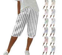 Générique Pantalon Femme Large Fluide Rayure-Pantalon Fluide Femme Taille Elastique 7/8 Pantacourt Grande Taille Chanvre Pantalons Taille Haute Pants Cordon De Serrage Short Deux Poches Shorty