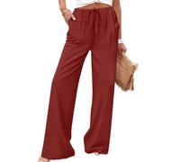 Générique Pantalon Femme Printemps Été, Polyester Uni, Taille Élastique Cordon Serrage, Poches, Coupe Droite Large Fluide, Look Chic Élégant, Idéal Yoga Méditation Quotidien