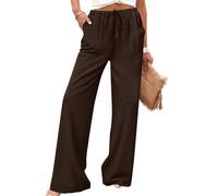 Générique Pantalon Femme Printemps Été, Polyester Uni, Taille Élastique Cordon Serrage, Poches, Coupe Droite Large Fluide, Look Chic Élégant, Idéal Yoga Méditation Quotidien