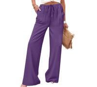 Générique Pantalon Femme Printemps Été, Polyester Uni, Taille Élastique Cordon Serrage, Poches, Coupe Droite Large Fluide, Look Chic Élégant, Idéal Yoga Méditation Quotidien