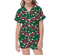 Générique Pantalon Fille Confortable Ensemble Manches Courtes et Short imprimé col boutonné pour Nuits Douces et reposantes (Green, 10-11 Years)