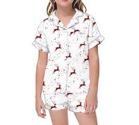 Générique Pantalon Fille Confortable Ensemble Manches Courtes et Short imprimé col boutonné pour Nuits Douces et reposantes (White, 12-13 Years)