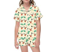 Générique Pantalon Fille Confortable Ensemble Manches Courtes et Short imprimé col boutonné pour Nuits Douces et reposantes (Light Yellow, 12-13 Years)