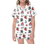 Générique Pantalon Fille Confortable Ensemble Manches Courtes et Short imprimé col boutonné pour Nuits Douces et reposantes (Beige, 8-9 Years)