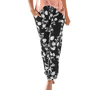 Générique Pantalon Fluide Femme Été Boho Harem Pantalon Décontracté Taille Haute Femmes Elegant Floral Imprimer Élastiquée Taille Pantalon Léger Hippie Baggy Yoga Plage Sarouel avec Poches