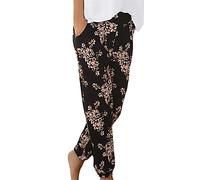 Générique Pantalon Fluide Femme Été Boho Harem Pants Décontracté Taille Haute Pantalon Floral Imprimer Élastiquée Taille Baggy Léger Pants Yoga Plage Sarouel avec Poches 2025