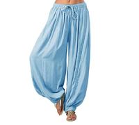 Générique Pantalon Fluide Femme Été Imprimé Bohème Taille Haute Baggy De Plage avec Poche Vintage Casual Elastique Chic Petites Jambes Léger Confortable Yoga Palazzo Sarouel