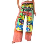 Générique Pantalon Japonais Femme Senior Femmes Fluide Été Mode Imprimé Ample Cordon Elastique Taille Haute Poche Longue Yoga Pantalons Leger Elegant Palazzo Loisirs Vacances Plage