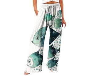Générique Pantalon Japonais Femme Senior Femmes Fluide Été Mode Imprimé Ample Cordon Elastique Taille Haute Poche Longue Yoga Pantalons Leger Elegant Palazzo Loisirs Vacances Plage