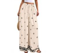 Générique Pantalon Large Femme Été Lin À Motifs Taille Élastique avec Cordon Jambe Ample Ourlet À Bordure Léger Fluide Décontracté pour Yoga Plage A-Beige, L