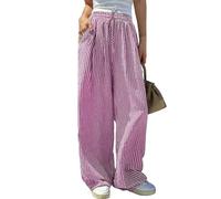 Générique Pantalon Large Femme Été Lin À Rayures Taille Élastique Jambe Ample Droit Léger Fluide Décontracté avec Poches pour Plage Yoga Rose Vif, L