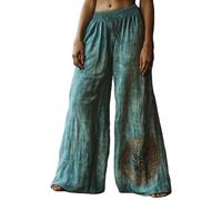 Générique Pantalon Lin Femme Été Pantalon Ete Leger Fluide Holiday Style Retro Linen Ethnic Print Casual Pants for Women - Comfortable Relaxed Fit Perfect for Pantacourt Fluide Femme Été (Sky Blue,M)