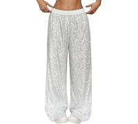 Générique Pantalon Paillette Femme Disco Brillant Jambes Larges Pantalons Décontracté à Taille Haute Pantalon Femme Fête et Danse - en Tissu Pailleté, Coupe Large et Style Rétro des Années 70