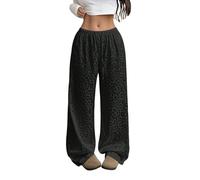 Générique Pantalon Palazzo en Satin Imprimé Léopard Femme Cordon Ceinture Élastique Confortable pour l’Été Pantalon Large Estival Tenue Tendance Femme Le Noir, L