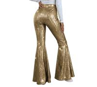 Générique Pantalon Patte d'Eléphant Paillette Femme Taille Elastique Brillant Tendance Disco Pantalons de Soirée Cocktail Chic Paillettes Pantalons Pattes d´Éléphant Haute Vintage Danse Bal