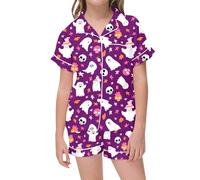 Générique Pantalon Pyjama Pyjama imprimé Halloween pour Filles,vêtements de Nuit en Satin Doux,Haut à Manches Longues et Pantalon Confortables,Tenue de fête Mignonne pour Enfants(Purple,8-9 Ans)