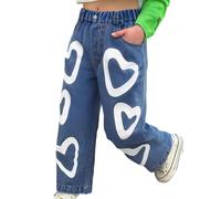 Générique Pantalon Travail Enfant Jean Droit Taille Haute pour Fille,imprimé cœur,Pantalon Extensible décontracté et Confortable,idéal au Quotidien pour Les Enfants et Les Tout-Petits.(Blue,5-6 Ans)