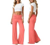 Générique Pantalon Yoga pour Femmes Coral Fold Over Pantalons avec Poches Pants Ruched Waist Solid Flare Sweatpants Loose Wide Leg High Waist Palazzo for Sport Everyday