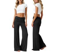 Générique Pantalon Yoga pour Femmes Coral Fold Over Pantalons avec Poches Pants Ruched Waist Solid Flare Sweatpants Loose Wide Leg High Waist Palazzo for Sport Everyday