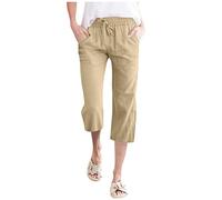 Générique Pantaloni Capri Donna Estivi Cotone Pantaloni Larghi Leggeri Elastico Vita Alta Casual Pantalone Elegante Lino da Spiaggia Sportivo Lavoro Wash Wrinkles