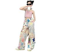 Générique Pantalons en Denim - Jeans Enfant Fille Pantalons Mignons à la Mode pour Filles Pantalons Doodle Taille élastique Jambes Larges Pantalons décontractés Amples avec Poches