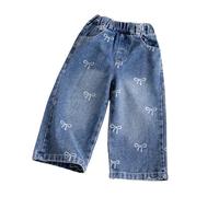 Générique Pantalons pour Filles Tendance Confort Élasticité Waist Jambe Large Denim Décontracté Poches (Blue, 4-5 Years)
