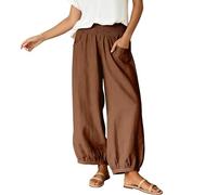 Générique Pants Summer Casual Capris Cropped Wide Leg Trouser Ruched Elastic Waist Harem Pant with Pocket (Brown, XL)