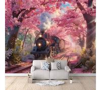 Générique papier peint 3d 500x280cm Le Train Des Cerisiers En Fleurs Roses papier peint adhesif mural cuisine Impression 3D sur toile artistique sans couture,pour un mur d’accent dans EB24-7397