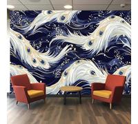 Générique Papier peint 3d, Art du Paon aux Ocelles Intricates en Vert Émeraude et Or sur Fond Marine, Texturé pour Salon, Chambre
