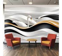 Générique Papier peint 3d, Élégance Art Déco du Cygne aux Longues Courbes Gracieuses en Noir & Blanc et Accents Or, pour Salon Chambre