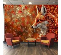 Générique Papier peint 3d, Impression Forêt d'Automne avec Renard Roux et Feuilles d'Érable Orange Rouge Jaune sur Fond Bokeh Doux, pour Salon Chambre