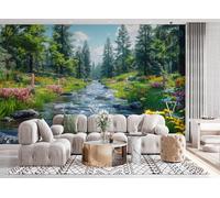 Générique Papier Peint 3D Intissé Fleurs 300x210 cm Fresque Murale Impression HD Effet Relief Ruisseaux Forêts Prairies Décoration Murale Moderne pour Salon Chambre Bureau Sans Cadre 14A-47