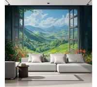 Générique Papier Peint 3D Intissé La Campagne Par La Fenêtre 250x175 cm Fresque Murale Impression HD Effet Relief Paysage Apaisant Décoration Murale Moderne pour Salon Chambre Bureau Sans Cadre 16A-6