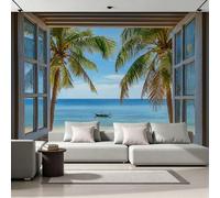 Générique Papier Peint 3D Intissé Vue Par Fenêtre 250x175 cm Fresque Murale Impression HD Effet Relief Plage Cocotiers Décoration Murale Moderne pour Salon Chambre Bureau Sans Cadre 22A-36