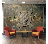 Générique Papier Peint 3D Mosaïque Tortue Terre Cuite, Carreaux Fissurés avec Verre Vert d'Eau & Ocre en Écailles Hexagonales, Papier Peint avec Lignes de Joint Doré pour Salon Chambre à Coucher