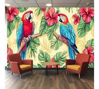Générique Papier peint 3d, Perroquet Tropical avec Feuilles de Palmier et Fleurs d'Hibiscus en Motif Cartoon Vibrant, pour Décor Chambre, Salon, Séjour
