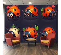 Générique Papier peint 3d pour Chambre d'Enfant et Salon, Mignonne Coccinelle Kawaii avec Cœurs et Fleurs en Couleurs Pastel, pour Décoration de Nursery