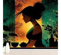 Générique Papier Peint Adhésif Ethnique Femme Africaine, Exotique Fille Noire Murale 315 x 450 cm, Feuilles Plante Stickers Muraux pour Salon Chambre Salle de Bain Autocollant Murale Décoration